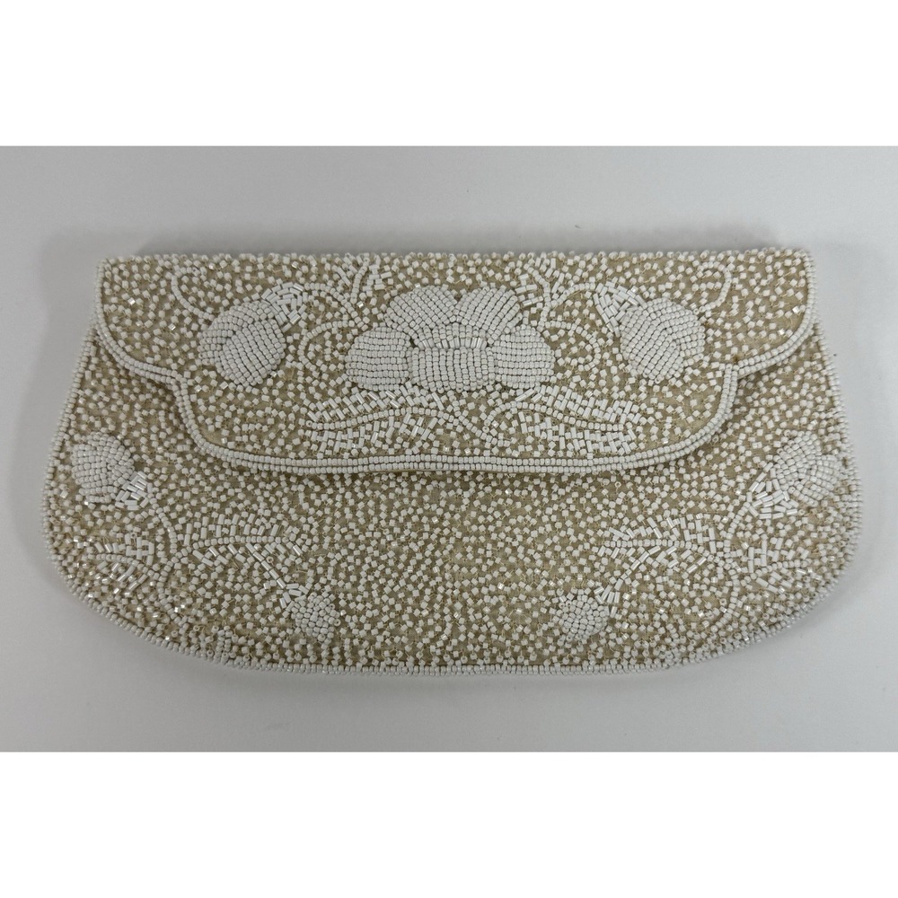 Vintage Magid  Beaded Evening Bag/Clutch Cream W/White Beads‎ Made In Japan